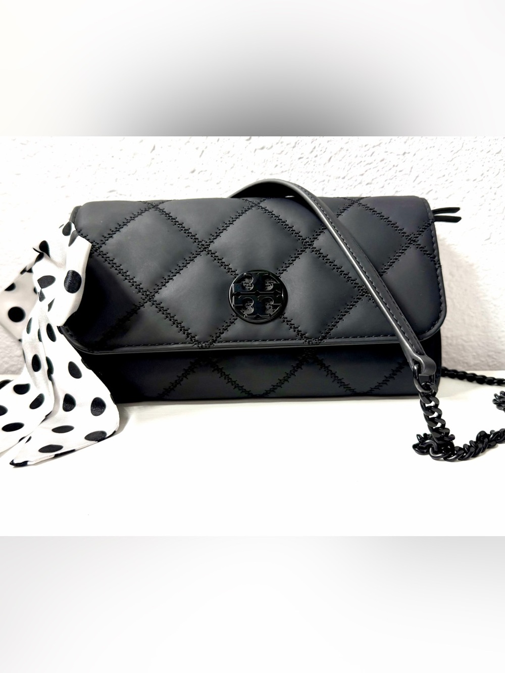 Tory Burch Willa Matte Black Quilted Chain Wallet
